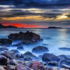 Colorful seascape painting with flowers, crashing waves, and dramatic sunset sky