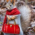 Colorful illustration of squirrel with red scarf and purse among vibrant flowers and gems