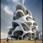 Organic futuristic building with reflective windows, person, and children against clear sky.