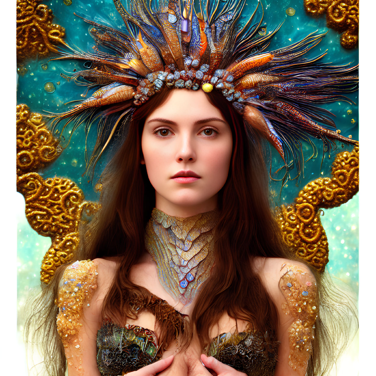 Woman with ornate peacock feather headdress in golden fractal patterns on teal background