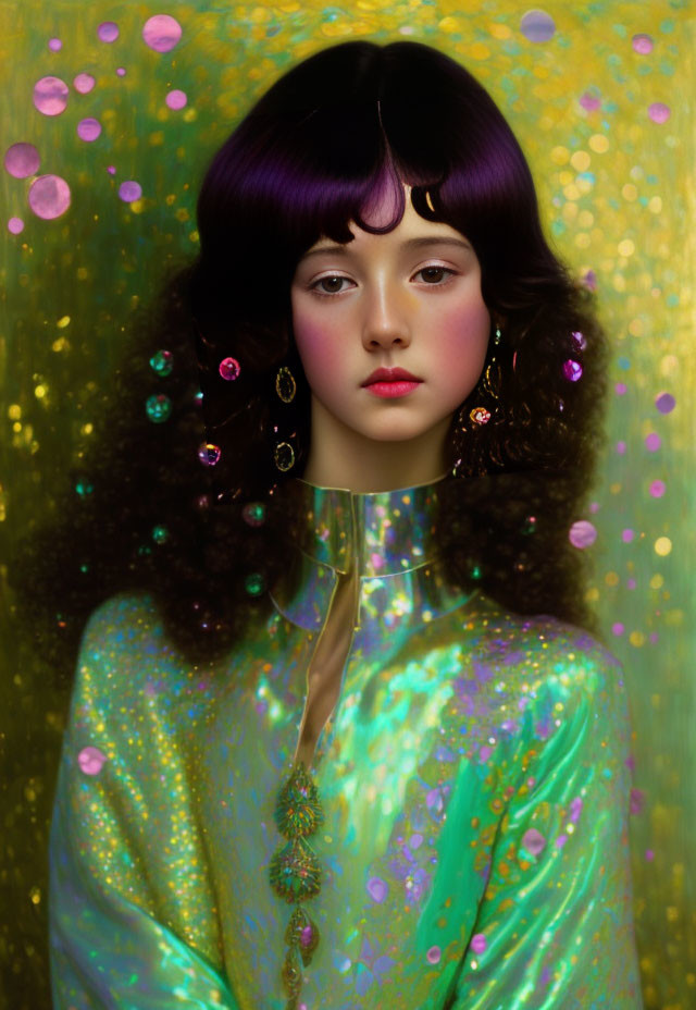 Dark Curly-Haired Woman in Green Outfit with Glossy Makeup on Glittery Gold Background