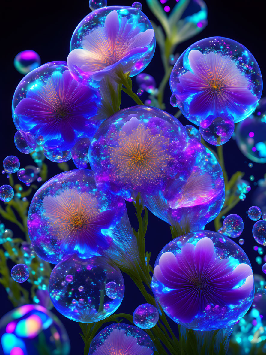 Luminescent Bubble Digital Art with Neon Flowers on Dark Background