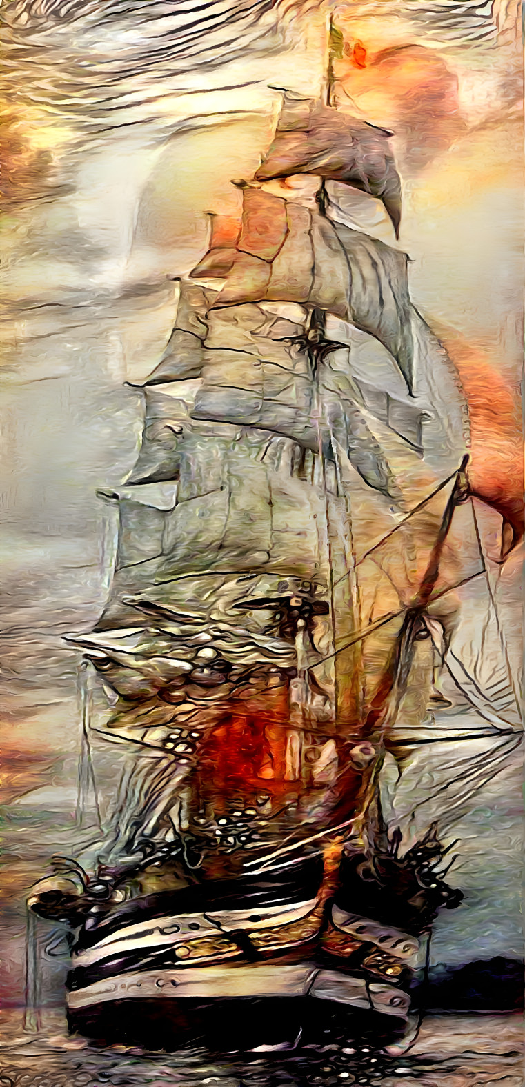 ship at sea, retexture, beige tones