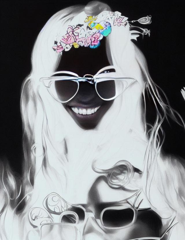Smiling woman with brain doodles, mirrored sunglasses, and smoke swirls