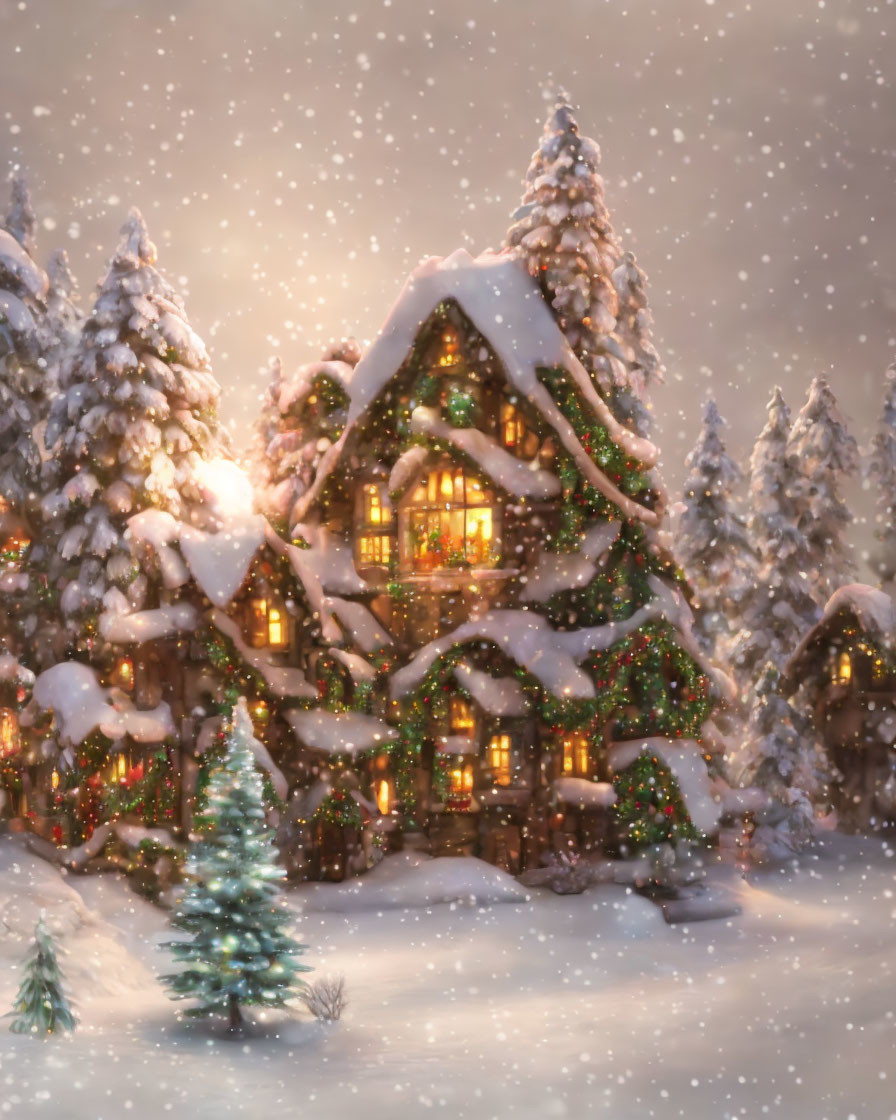 Snowy log cabin decorated with Christmas lights in twilight snowfall