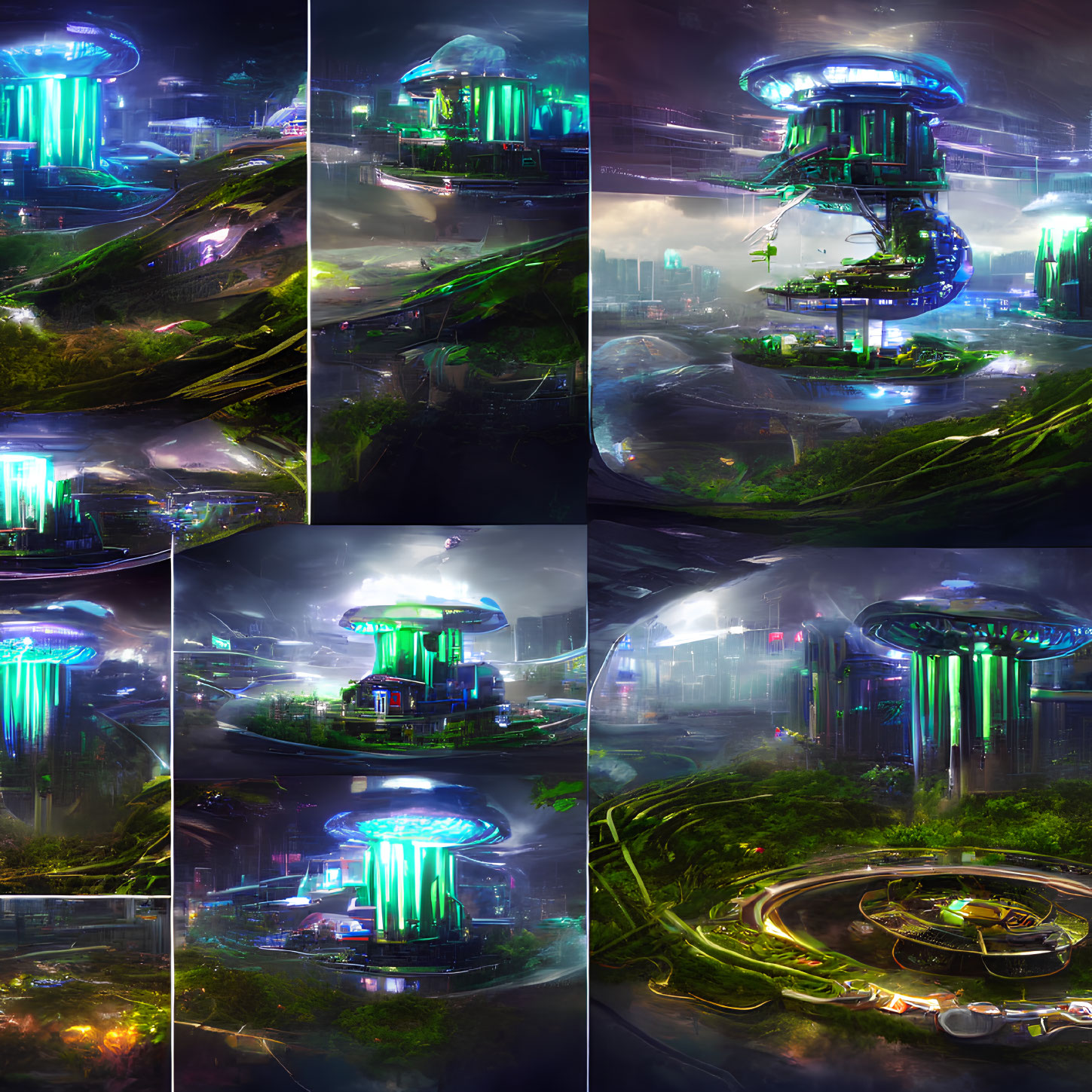 Futuristic cityscape collage with neon-lit structures and greenery