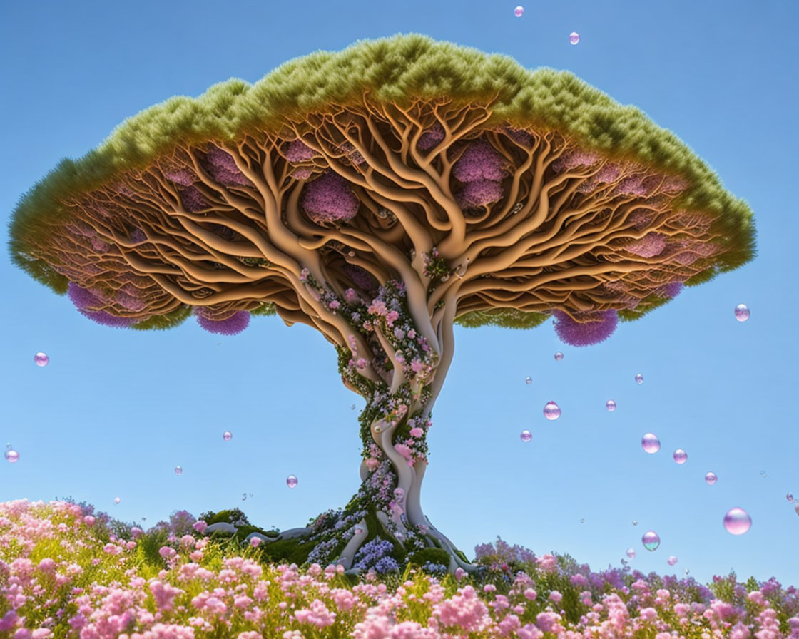 Large whimsical tree with pink bubbles in vibrant flower field