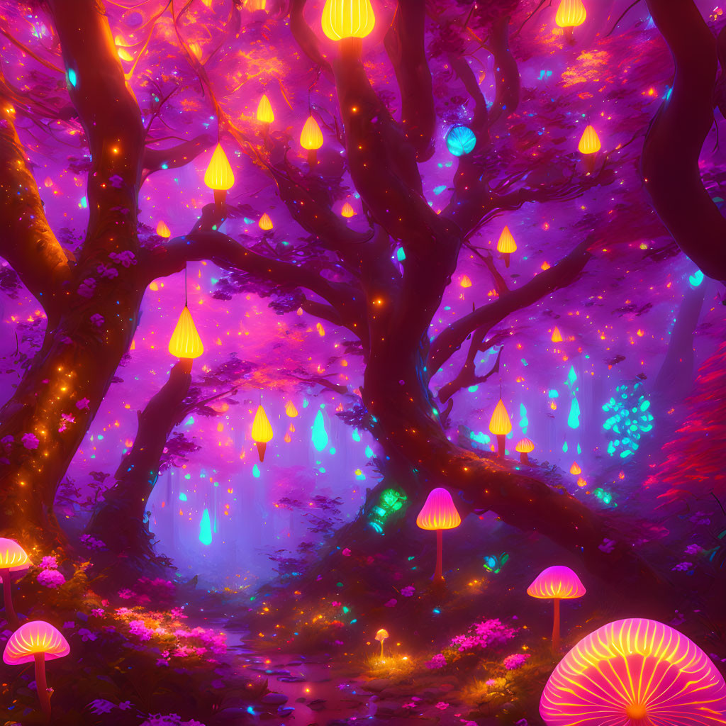 ai, enchanted bioluminescent glowing lush forest