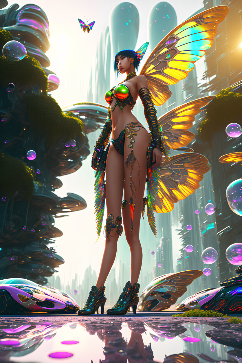 Colorful Butterfly-Winged Female in Futuristic Landscape