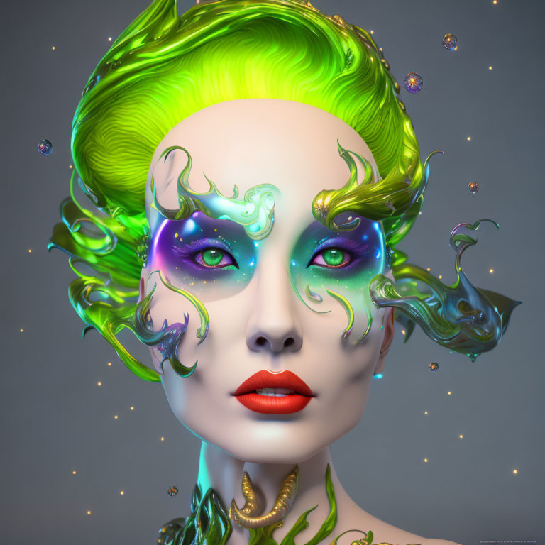 cosmic cat monster woman, lime green hair