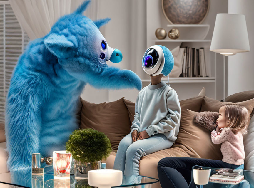 Blue Furry Creature with Large Eyes in Cozy Living Room Interaction