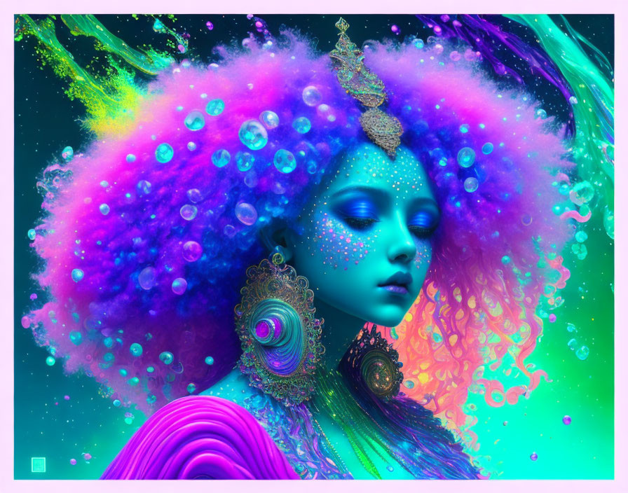 Colorful digital artwork: Woman with purple hair, bubbles, crown, and golden jewelry in neon swirl