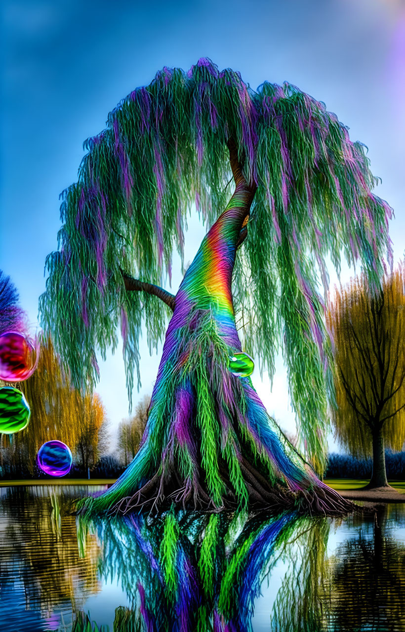fantasy rainbow bubbles weeping willow tree
