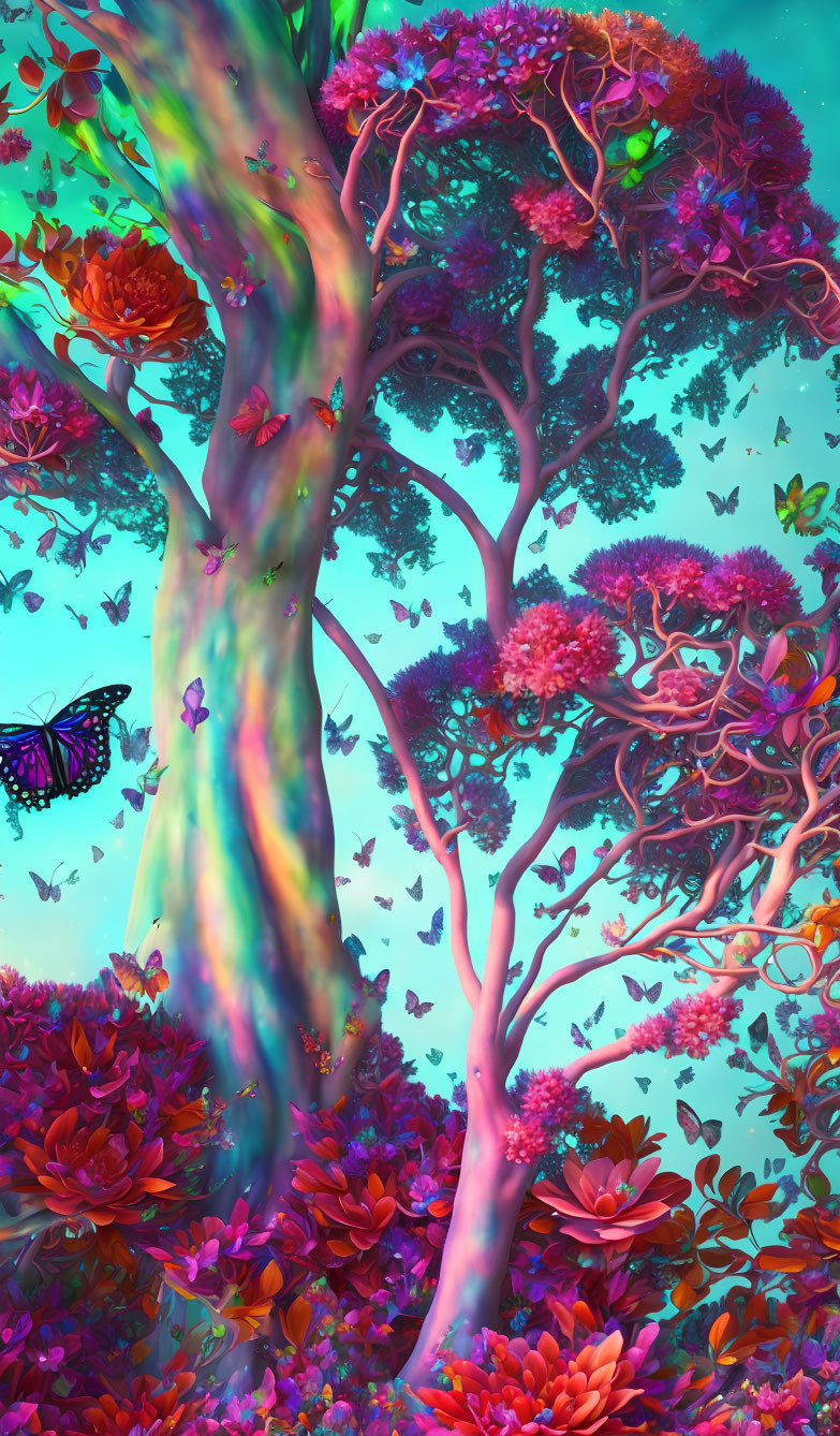 Multicolored Fantasy Forest with Butterflies and Pink Flora