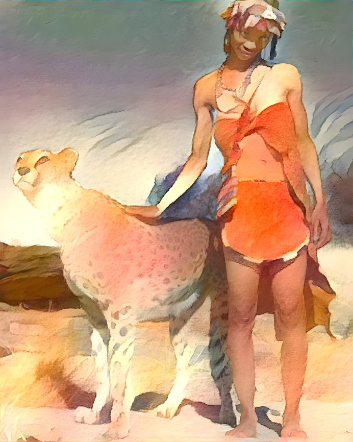 model with cheetah, watercolor