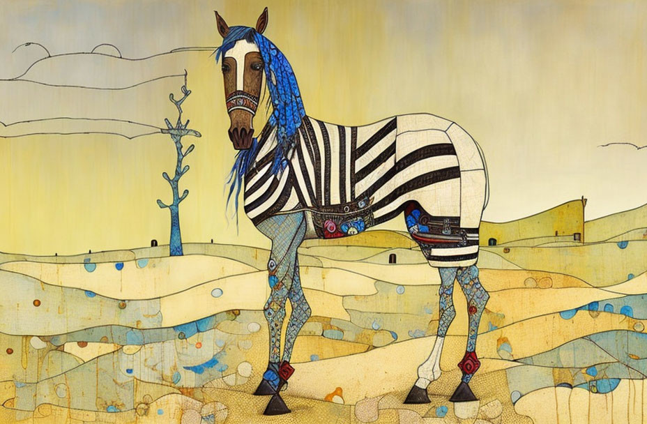 Blue Horse, zebra art patchwork
