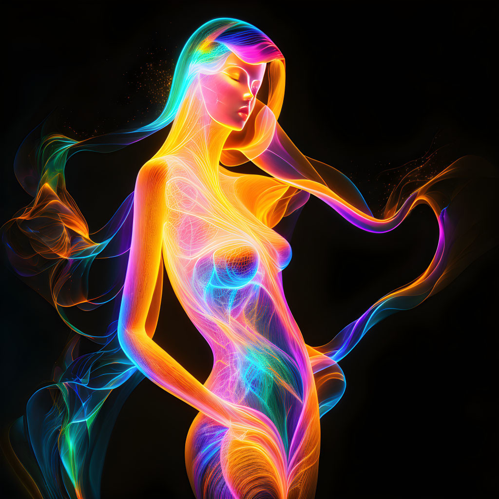 ai, 3d digital neon art woman, colorful & vibrant
