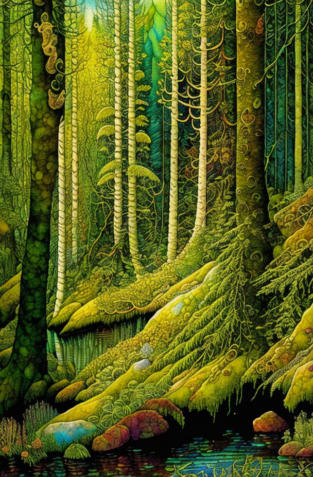 ai, painting, green, watercolor, ink, forest