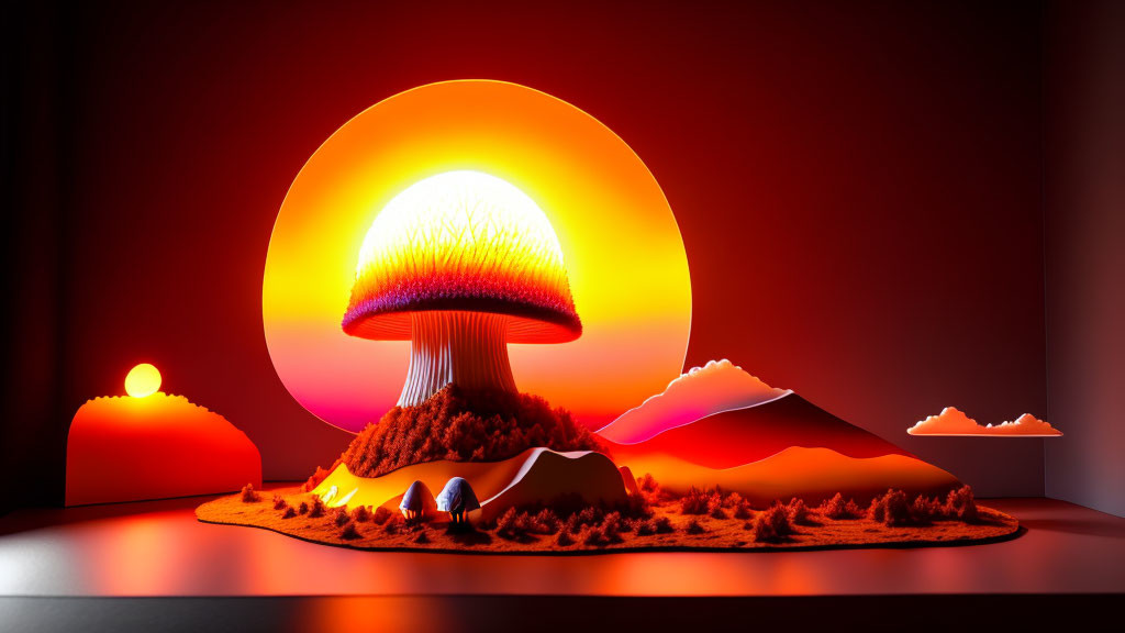 ai, mushroom cloud sunset paper mache diorama