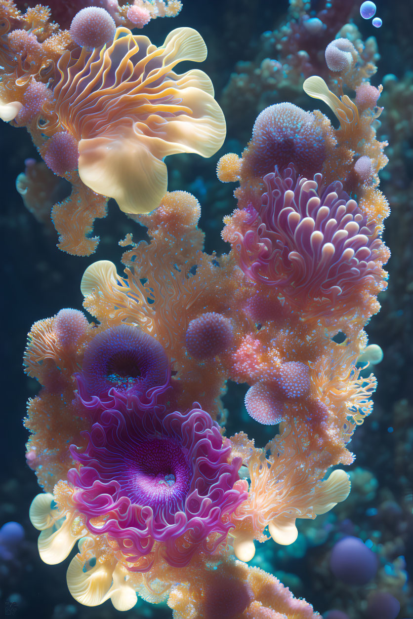 Colorful Sea Anemones in Orange, Yellow, and Purple Amid Underwater Bubbles