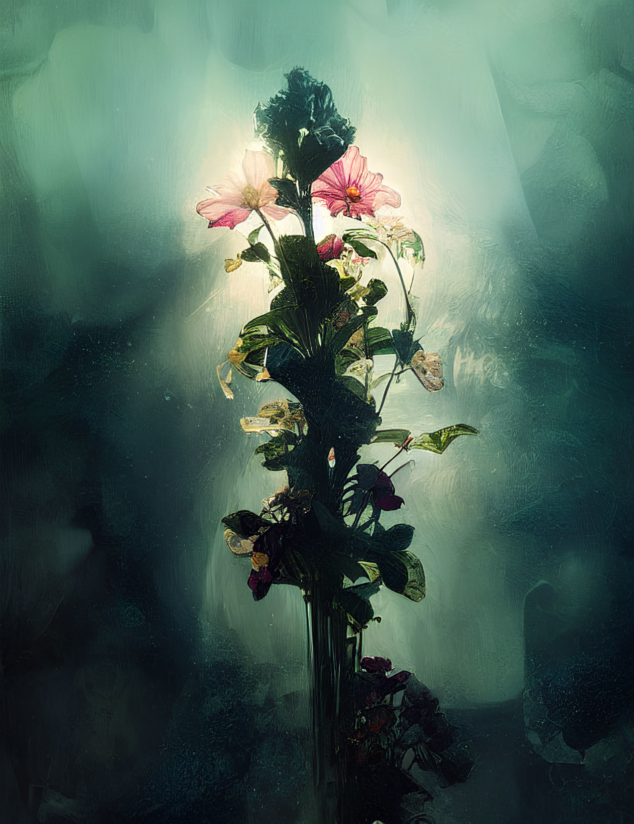 Colorful bouquet in soft, misty glow: dreamy atmosphere