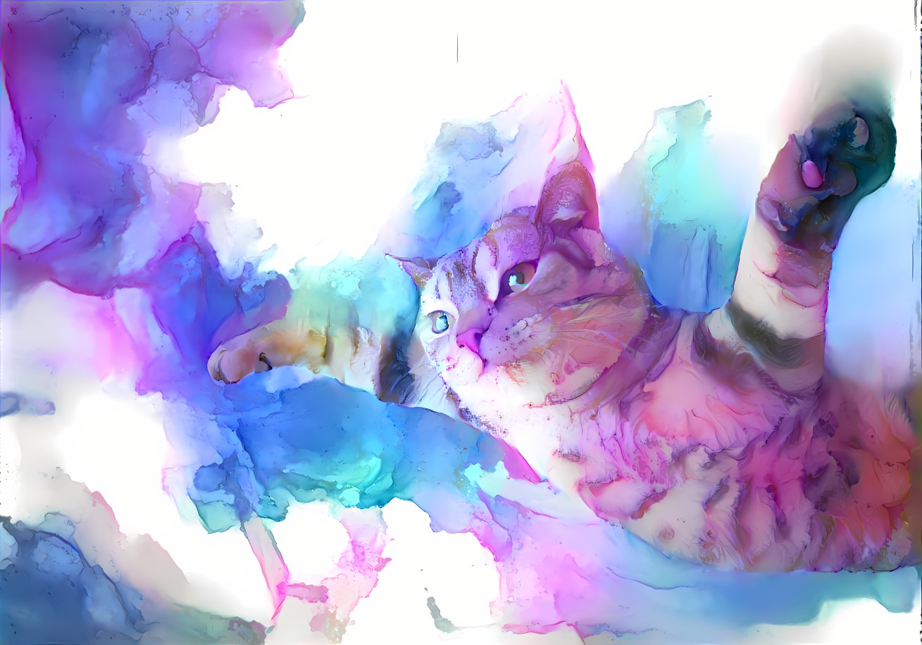 flying cat watercolor, purple, blue, white