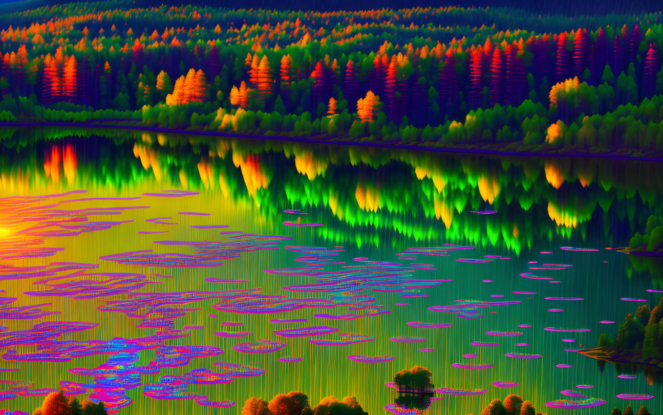 serene psychedelic river, and forest in background