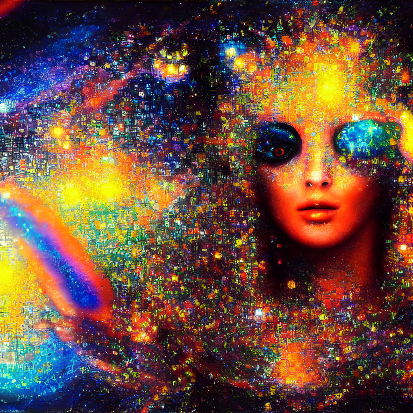 Colorful digital mosaic artwork featuring a woman's face with large blue eyes against a cosmic backdrop