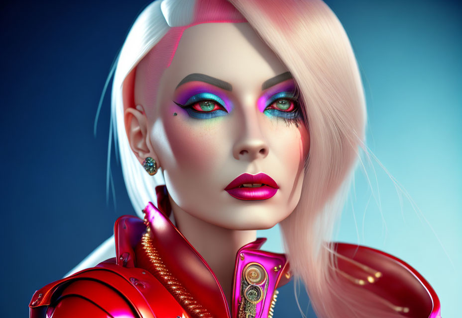 Digital artwork featuring woman with blue eyes, pink eyeshadow, red lipstick, platinum blonde hair,