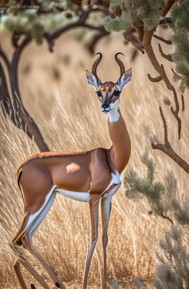 Alert antelope with prominent horns in sparse vegetation