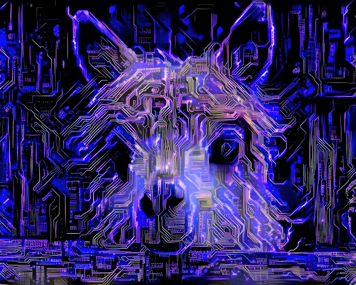 llama retextured with purple, blue, gold circuit