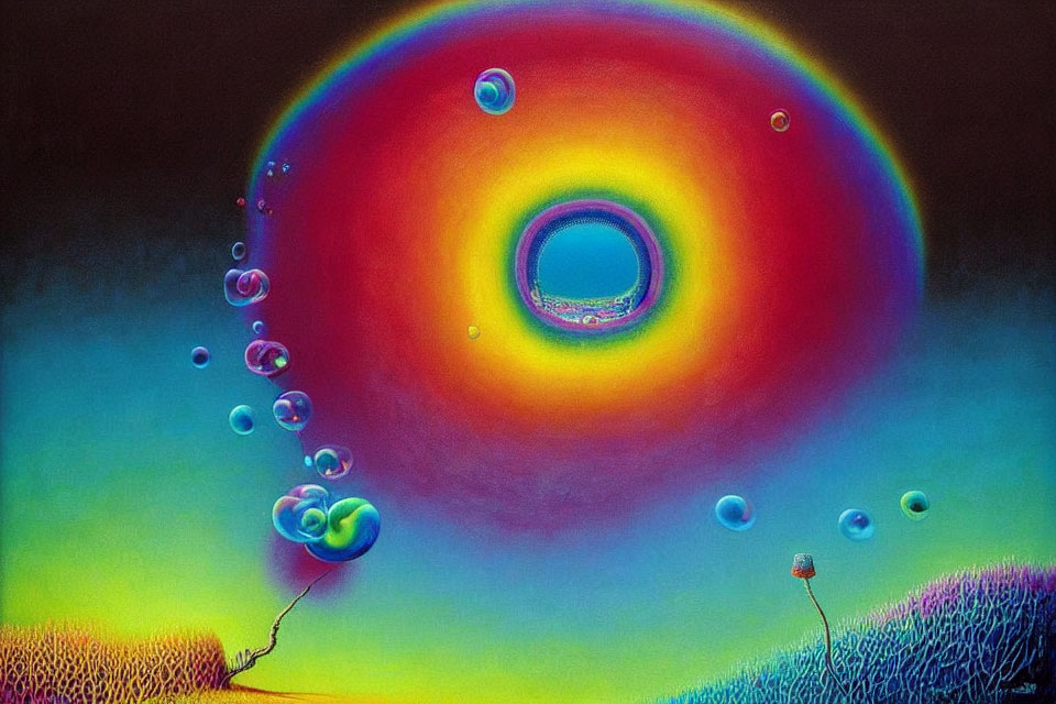 Colorful Psychedelic Artwork with Bubble Trail & Distorted Landscape