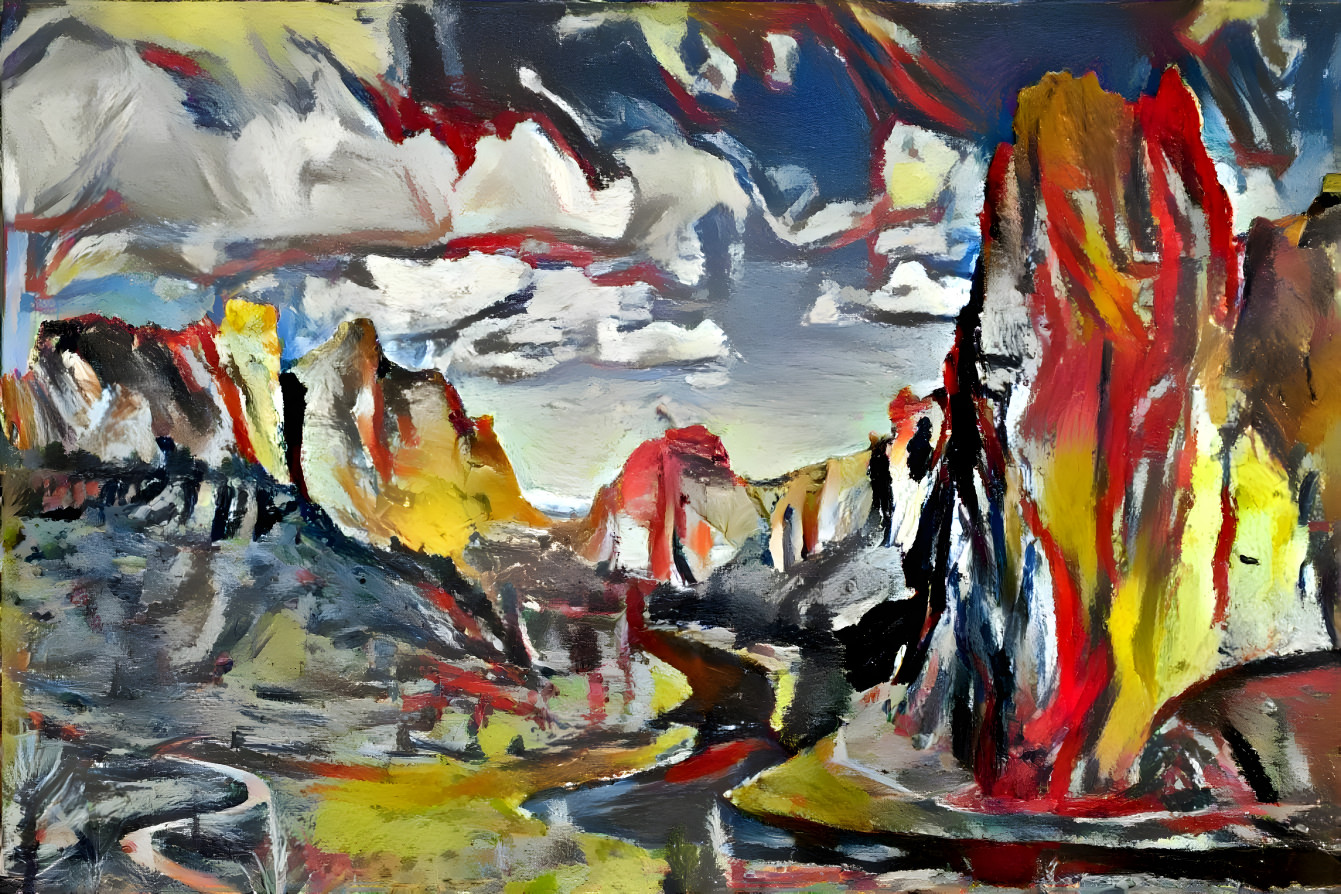 desert river winding through cliffs painting