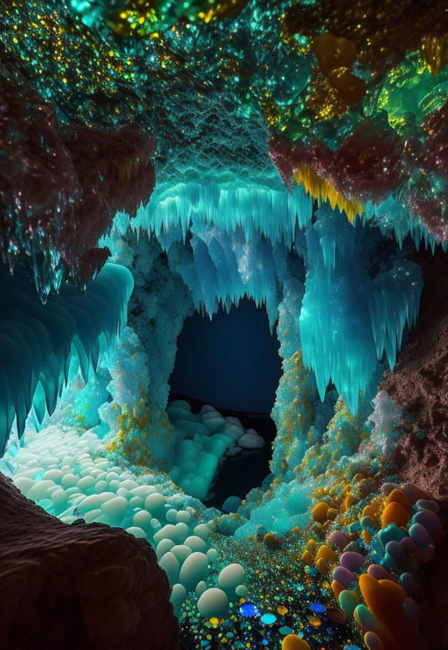 Colorful Cave with Sparkling Walls, Icicles, and Orbs
