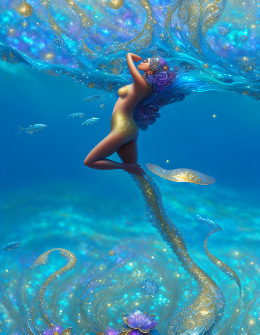 Golden mermaid with ornate tail and hair decorations in underwater scene.
