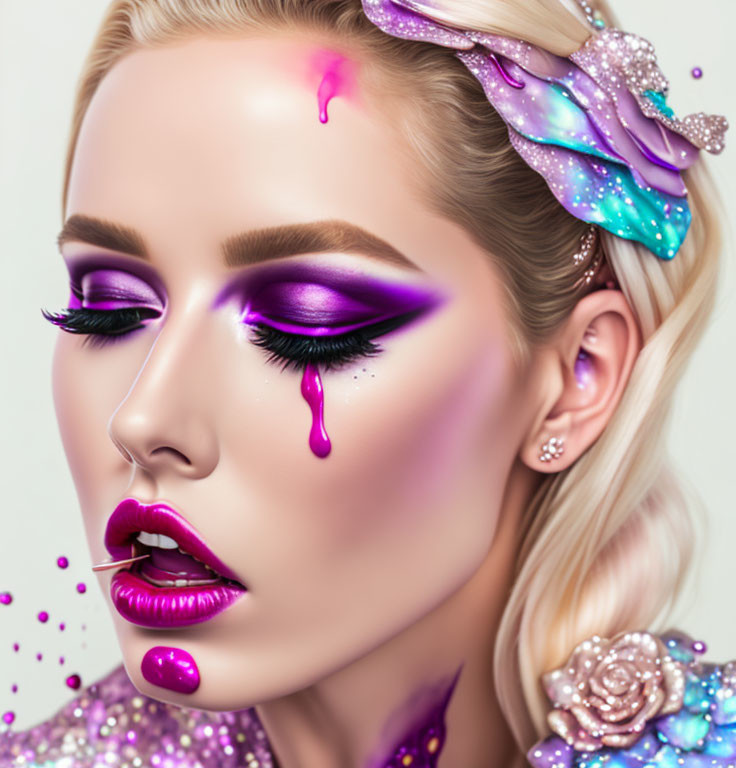 Vivid Purple Makeup and Floral Accents on Woman's Portrait