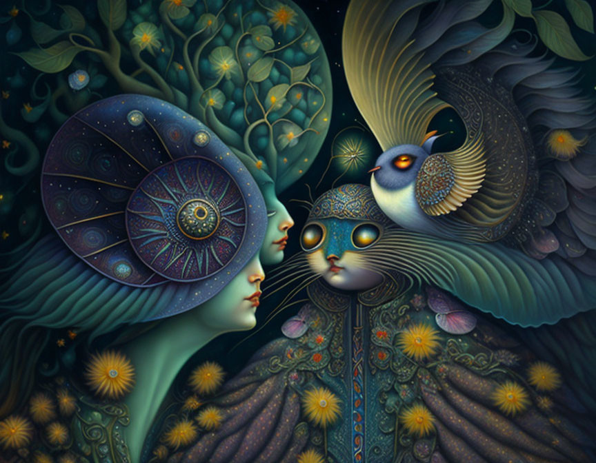 Stylized cosmic and avian figures embracing in fantastical flora under starry sky