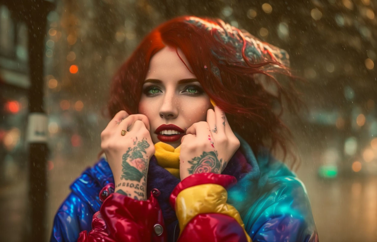 surprise lady neon, redhaired, tattooed, rain