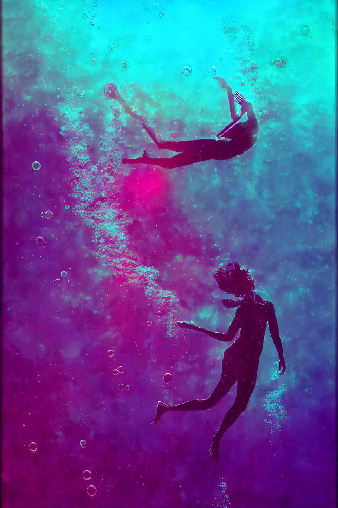 Underwater free divers surrounded by bubbles in purple to blue gradient
