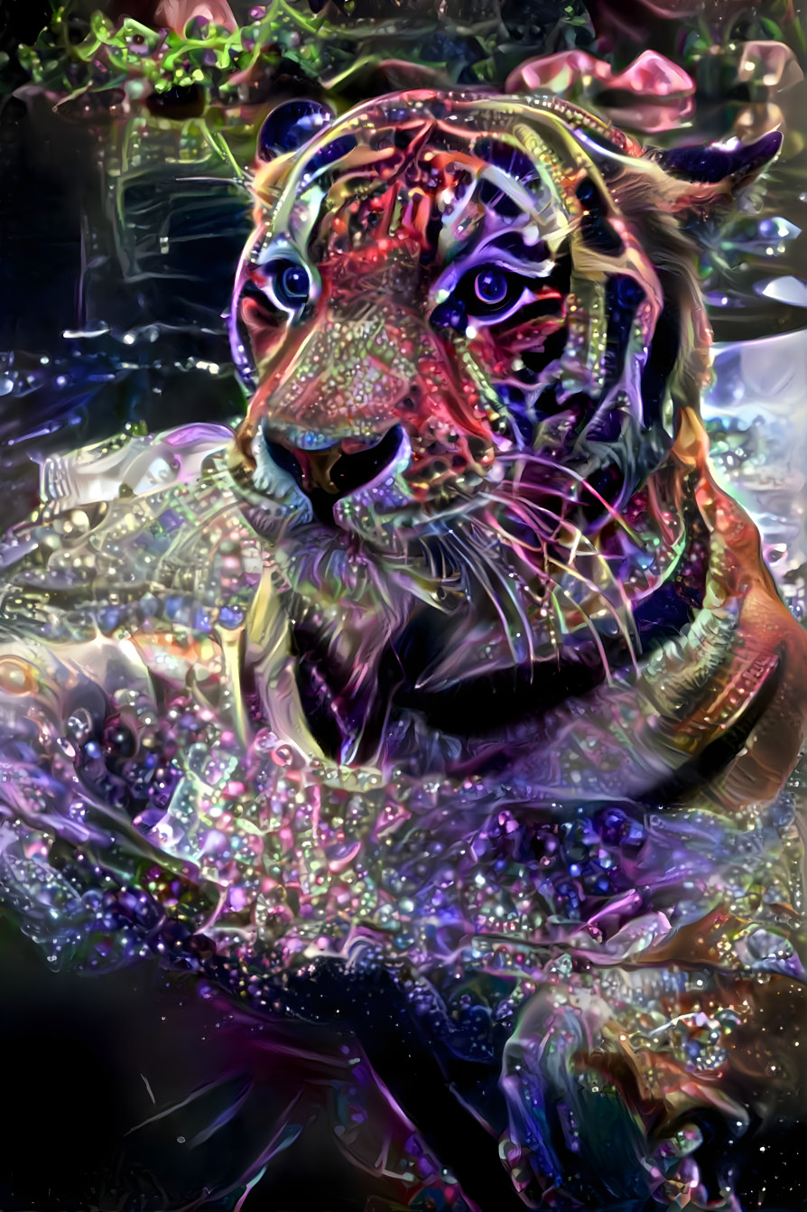 tiger swimming, retexture, iridescent