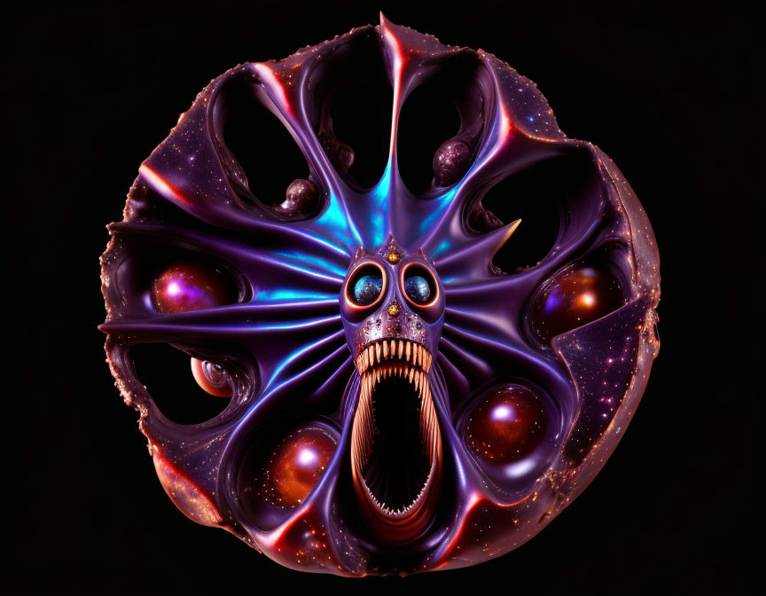 Abstract surreal image: skull-like face with fluid shapes and iridescent colors