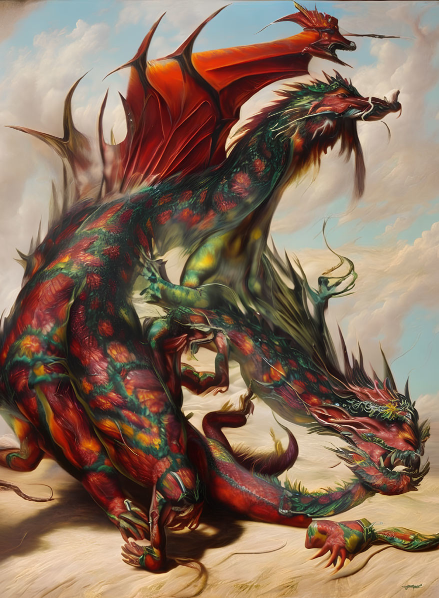 Multicolored two-headed dragon with red wings on creamy background