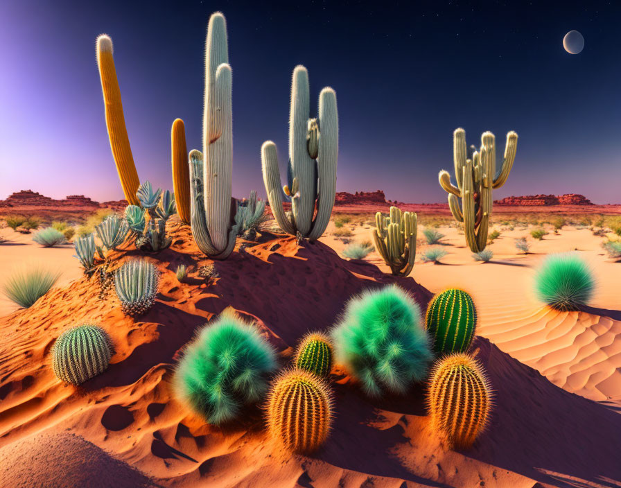 Twilight desert landscape with cacti, sand dunes, and crescent moon
