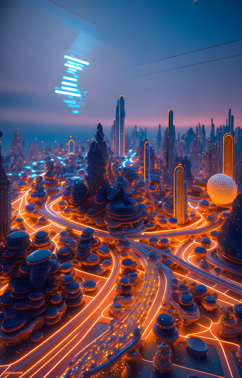 ai, orange glowing tron city diorama landscape
