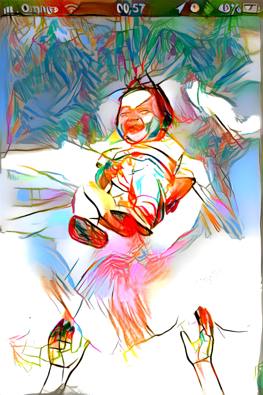 laughing baby thrown into the air, colored pencil