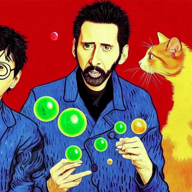 Colorful illustration of two men, an orange cat, and bubbles on red background