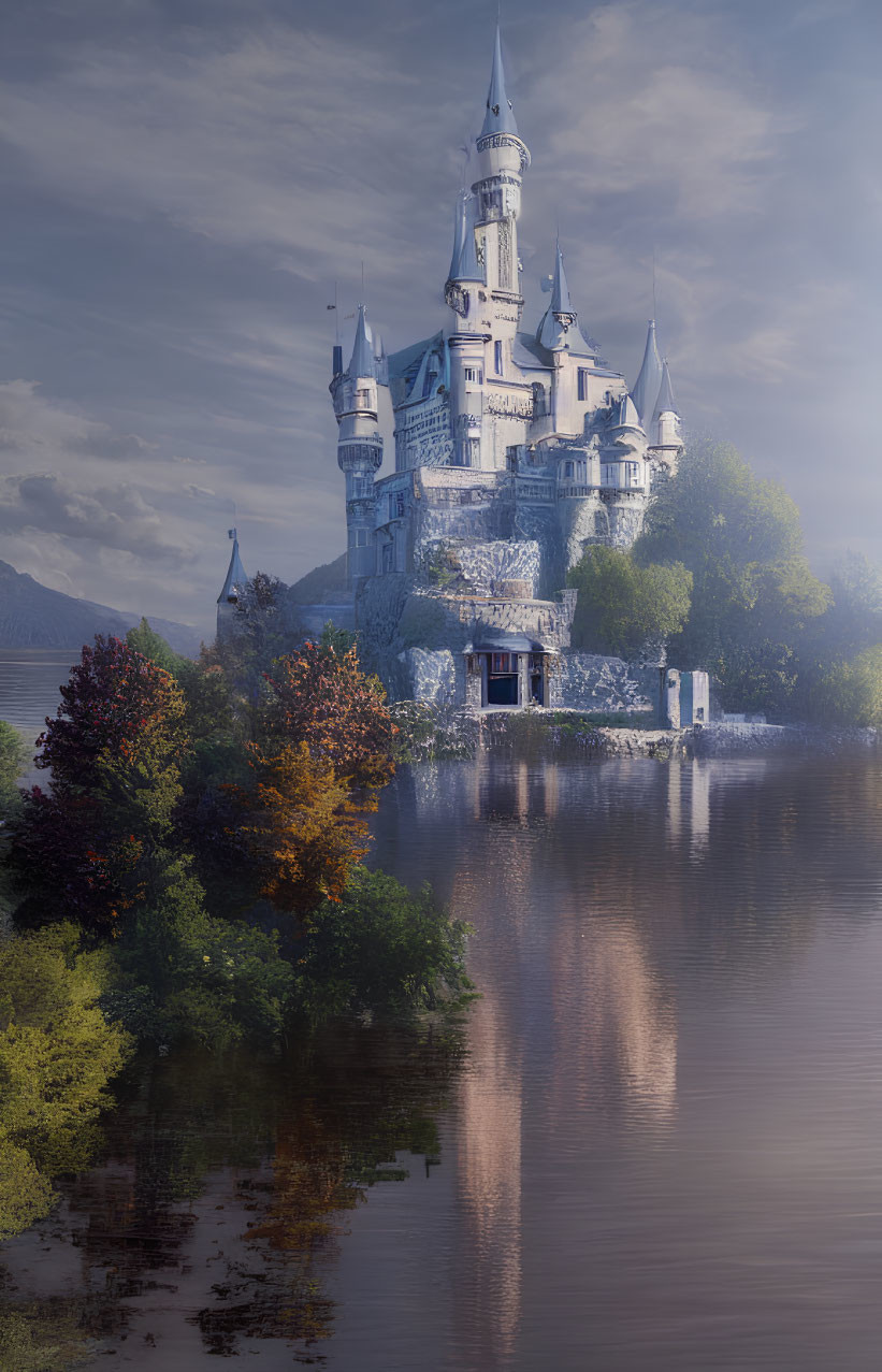 Majestic fairytale castle with spires mirrored in serene lake
