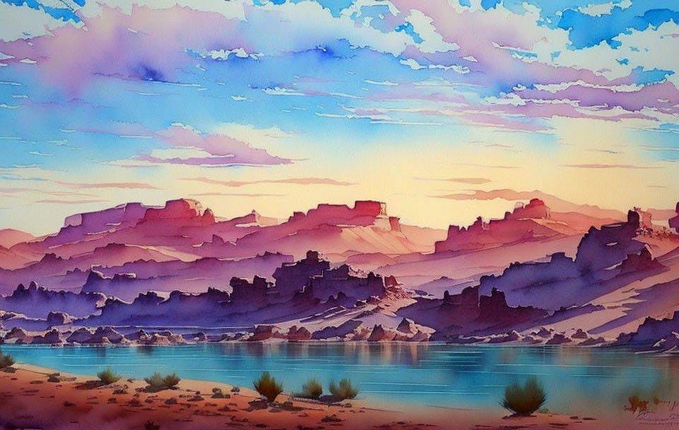 Desert Landscape Watercolor with Mesas, Lake, and Pastel Sky