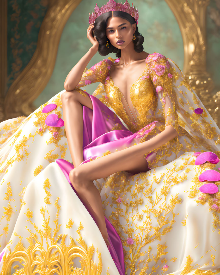 mushroom princess with golden crown, floral dress