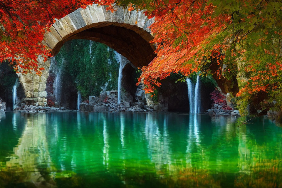 Segmented arch stone bridge over turquoise lake with autumn trees and waterfalls